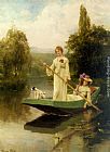 River Canvas Paintings - Two Ladies Punting on the River